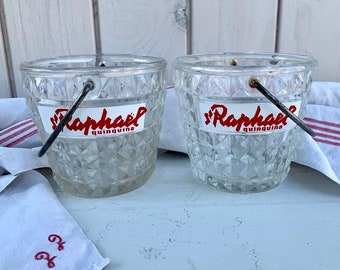 Pair of Vintage French St Raphael Quinquina Glass Ice Buckets, advertising publicity barware made in France