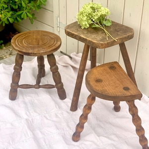 Vintage French Milking Stool: Rustic Country Cottage Plant Stand