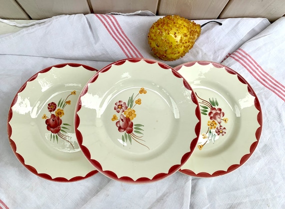 6 Vintage French Porcelaine Dessert Plates: HBCM Montereau, Floral Anne Model
