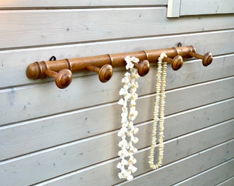 French vintage faux bamboo wood hat/coat pegs, 5 bobbin hooks, wall mounted clothes hanging rack, golden oak chic rustic colonial style