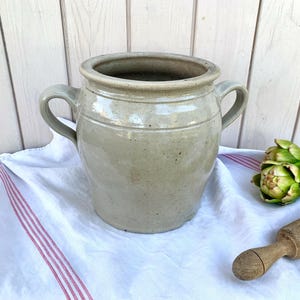 French glazed stoneware confit pot, Crockpot with handles, vintage 1930s rustic kitchen, country farmhouse, perfect utensil holder or vase