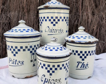 Set of French vintage 1930s Art Deco Lustucru canisters, Damier Blue Motif, French Vintage Enamelware, farmhouse kitchen, antique spice pots