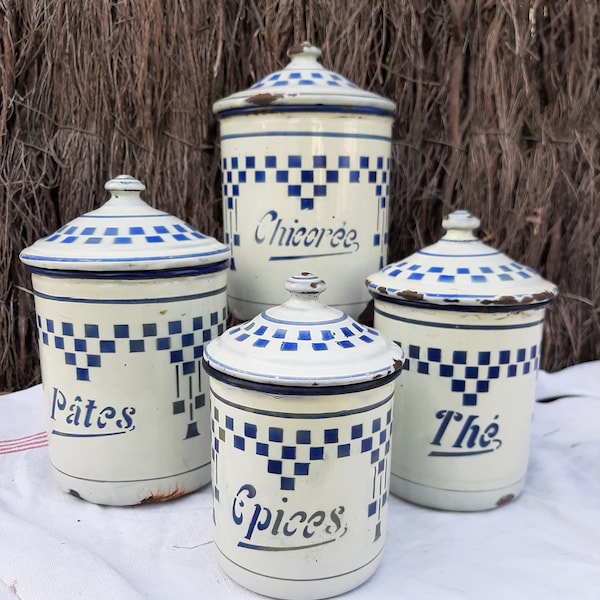 Set of French vintage 1930s Art Deco Lustucru canisters, Damier Blue Motif, French Vintage Enamelware, farmhouse kitchen, antique spice pots