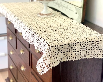 French Vintage Hand Crochet Table Runner: Ivory Cotton Cottage Decor