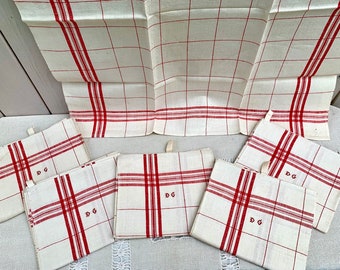 2 vintage French NOS red check monogram DG torchon dishcloths, metis cotton/linen mix teatowels, country farmhouse, housewarming gift