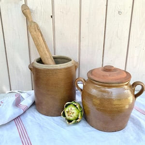 French glazed stoneware confit pots, vintage 1930s Crockpots made in France, country farmhouse  home decor, kitchen utensil holder / vase