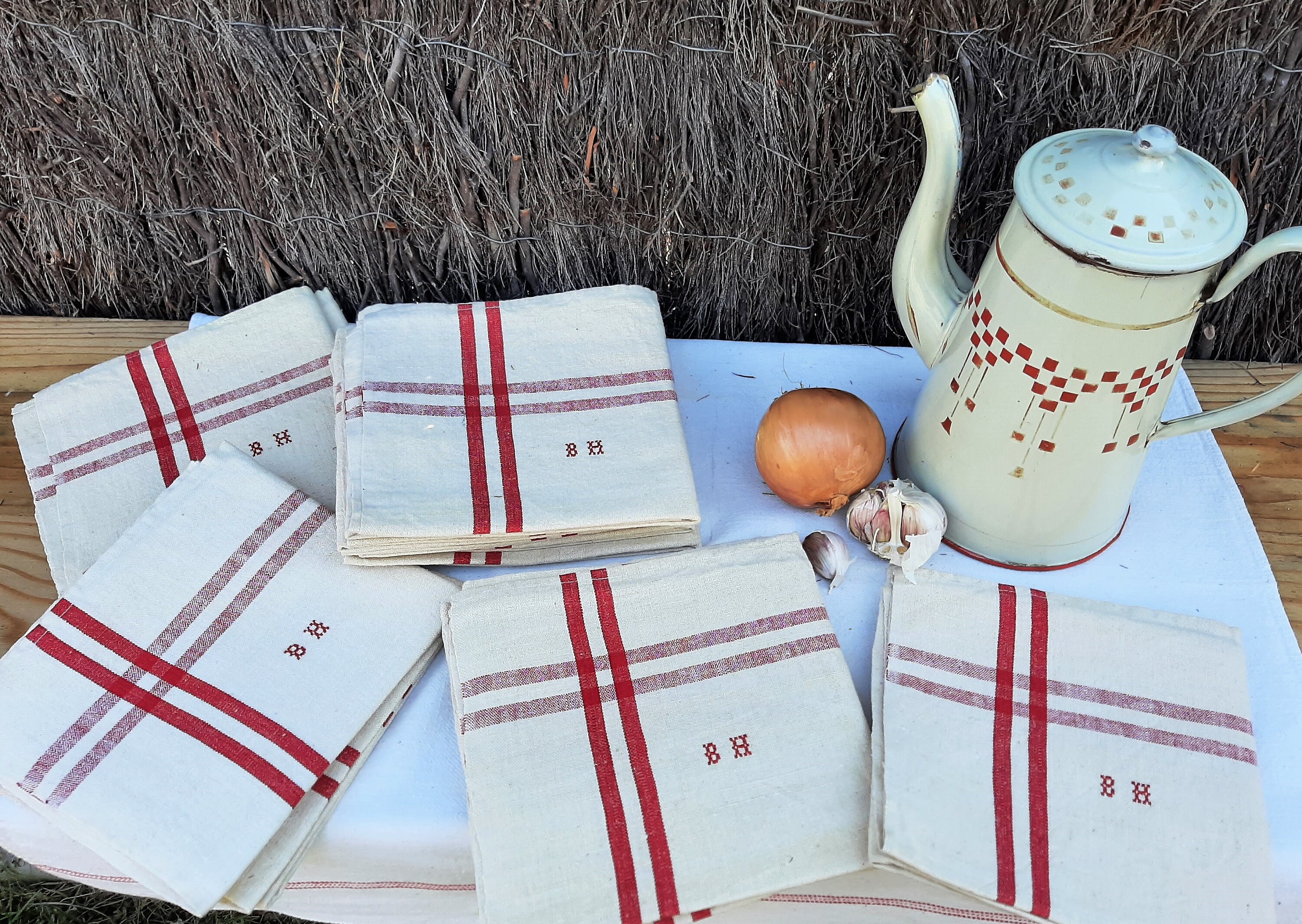 4 Beaux Torchons en Lin Français Torchon, Nos, Monogramme Bh, Cuisine Rustique de Ferme Campagne, Ca