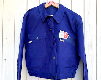 RARE Vintage NOS chore jacket, short cropped style, garage pump mechanic Indigo blue workwear, bleu de travail, EU size 50, Mens size L