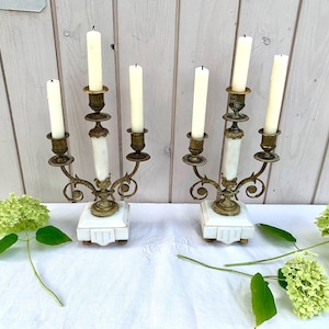 Napolean III French antique pair of white marble & metal 3 branch candelabras, circa 1900, heavy decorative, stunning Victorian home decor