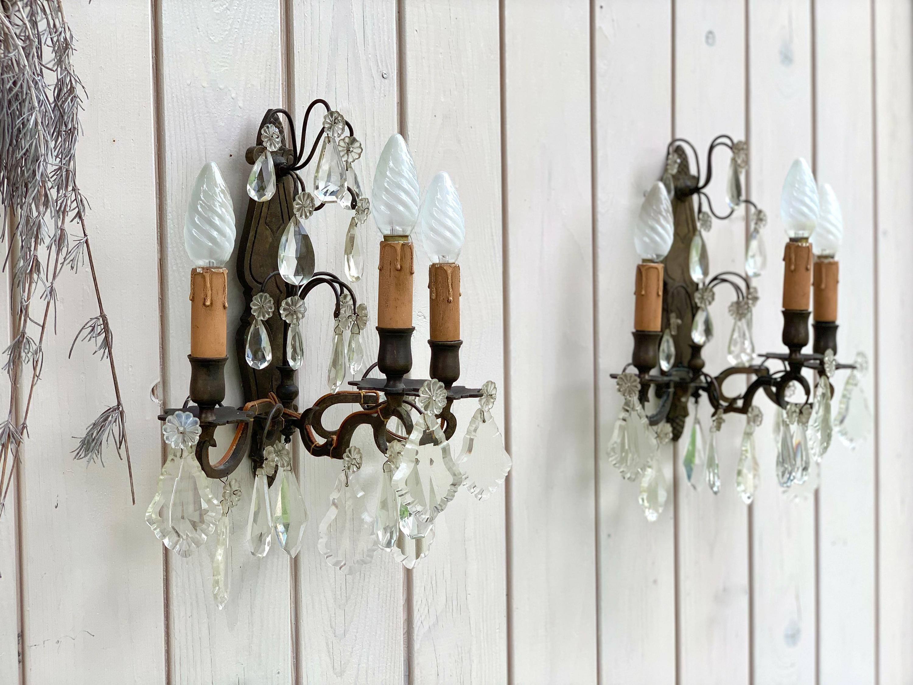 Vintage French Crystal Sconces: Shabby Chic Chateau Decor, 1950s Elegance