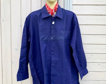 French vintage Indigo blue, Deadstock Bleu de Travail, workers mediumweight cotton SHIRT size XL herringbone weave