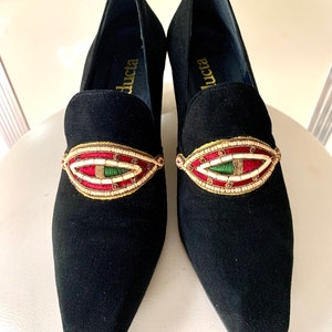 Vintage black suede pumps, leather shoes made in France by Séducta, fabulous heel and beaded buckle, very slim fit, size 8 1/2