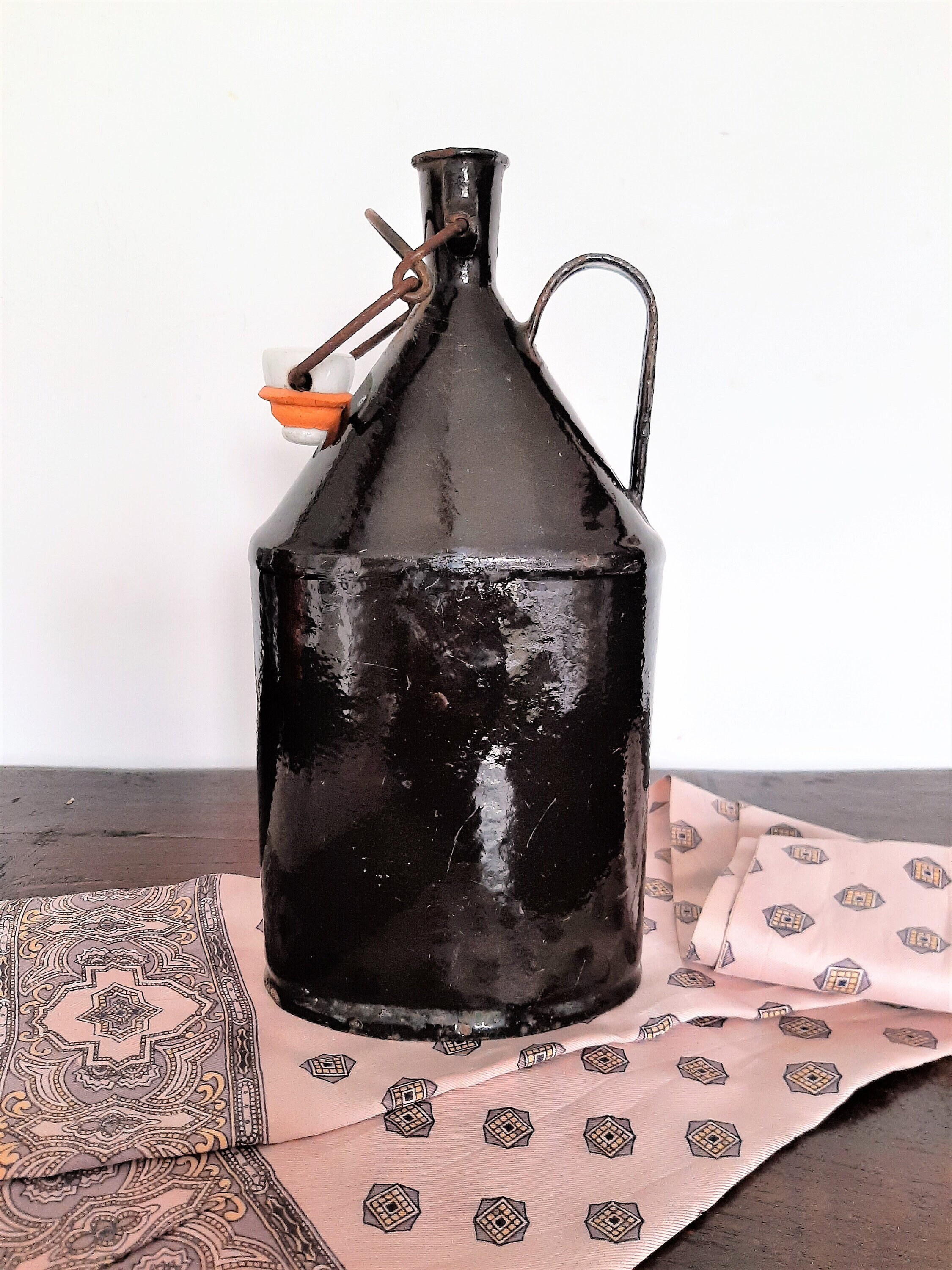 Flacon en Émail Français Antique, Bouteille d'eau Art Déco Gourde Ancienne 1920