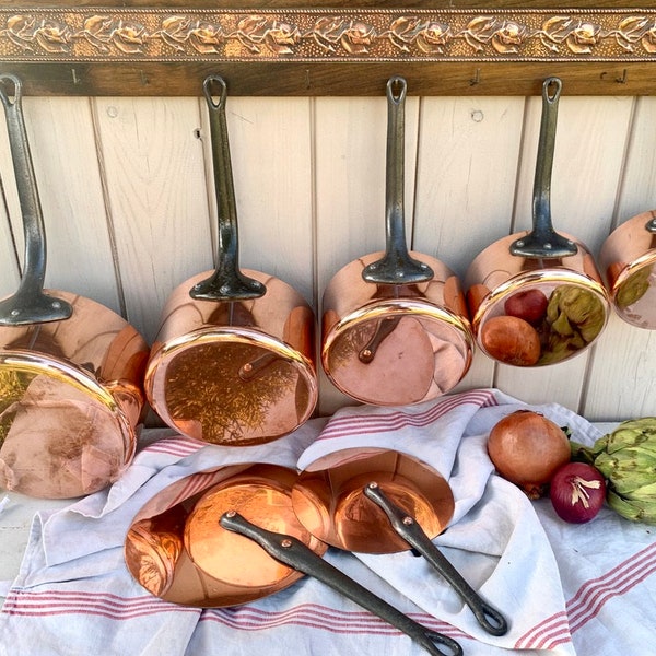 RESERVED FOR JOAN Unused vintage French 2mm copper tin lined pot set + 2 lids, heavy quality set, country farmhouse kitchen