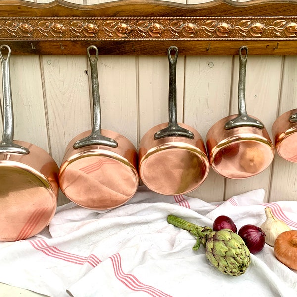 French 2mm copper saucepans, vintage copperware, lightly hammered heavy quality cookware Made in France, country farmhouse kitchen