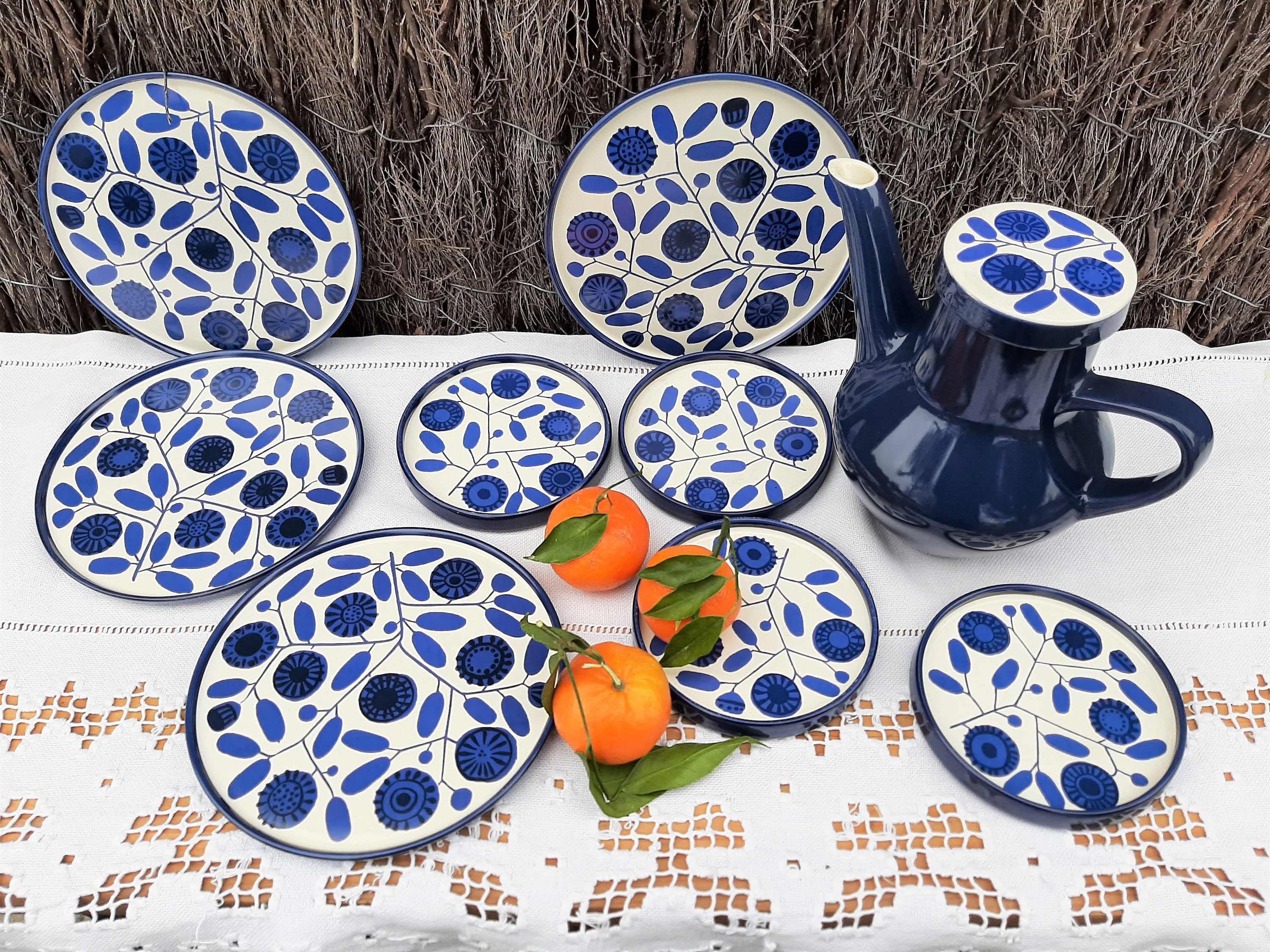 Vintage Melitta Stockholm, 60S Abstract Cobalt Blue Flower Design, Cafetière, 4 Assiettes et Soucoup