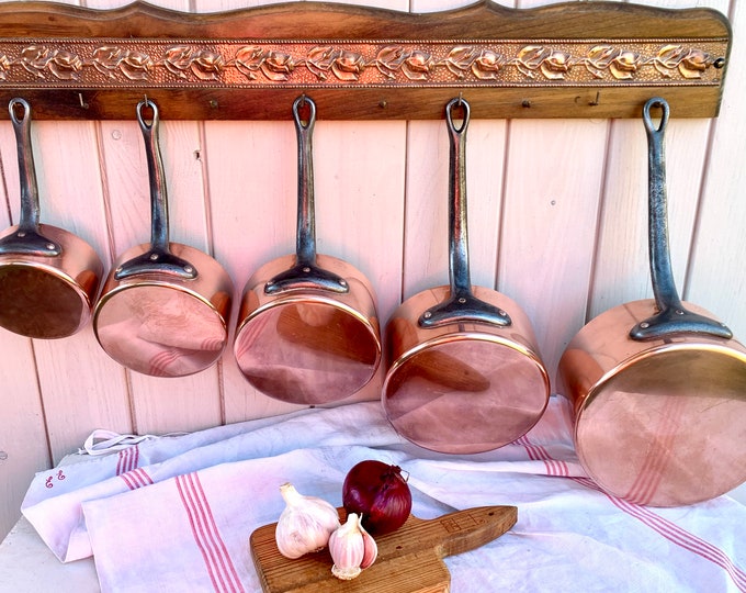 French Vintage 1mm Stamped Copper Pots, Tin Lining, Great Starter Set