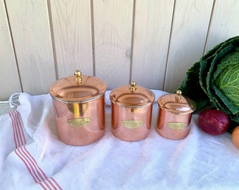 Set of 3 French copper nesting canisters, brass name plates Sucre, Cafe, The, Rustic Modern Decor, copper kitchenware storage, France