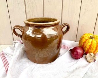 French glazed stoneware confit pot, vintage 1940s Stoneware Crock made in France, country farmhouse rustic kitchen utensil holder
