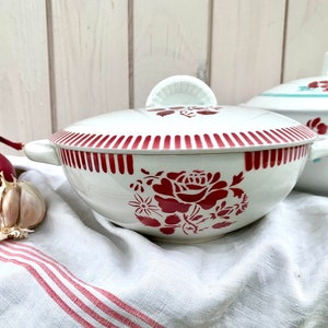 French small retro soupiere tureen, white with red  floral design, Luneville Evian model, cottage chic France, vintage home decor
