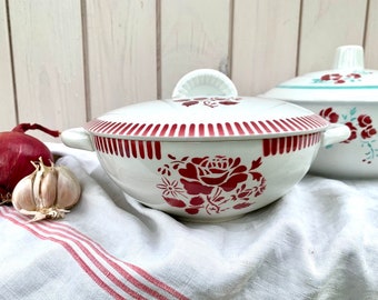 Vintage Luneville Evian Soupiere: French White Tureen with Red Floral Design