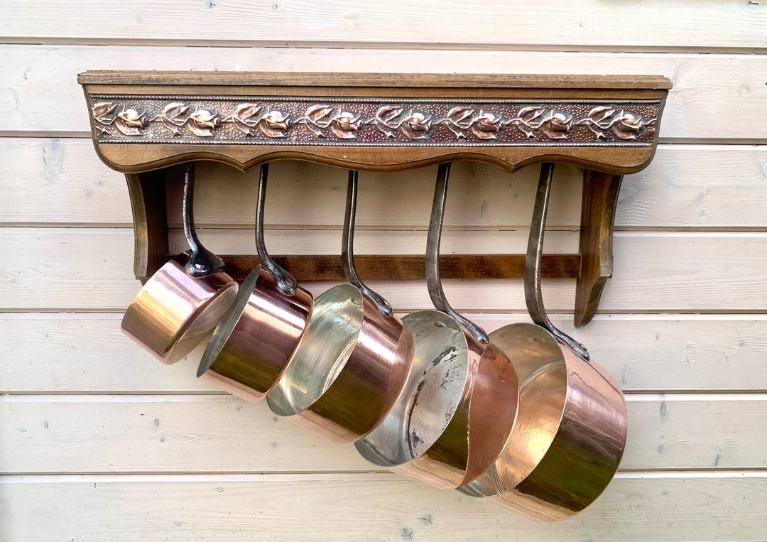 Wood & Copper Decor French Pot Display Rack, Wall Hanging Saucepan ...