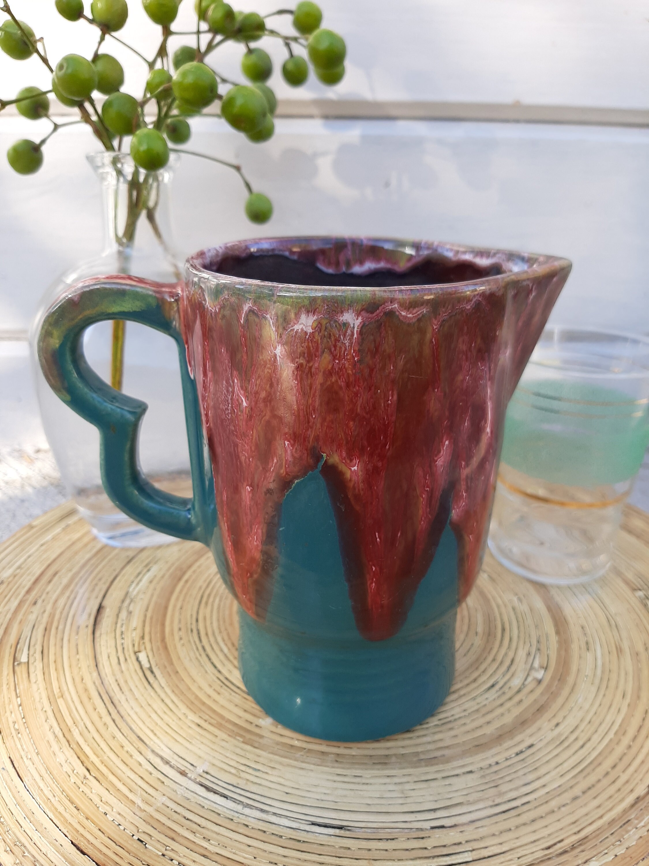 Pichet/Pichet Français Du Milieu Siècle, Glaçure Goutte à Goutte, Sarcelle et Rouge Brique