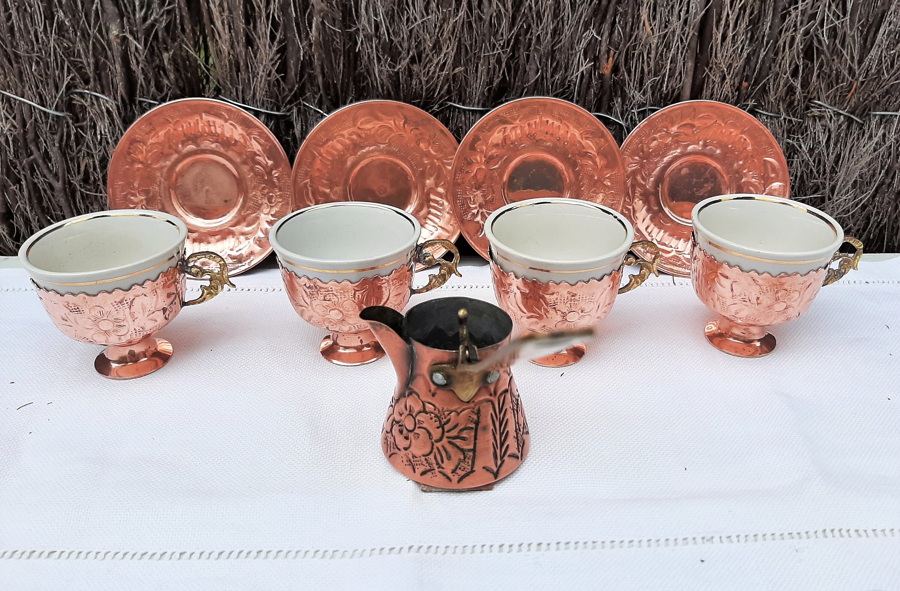 4 Tasses à Café en Cuivre, Laiton et Céramique Vintage Orientales Verseur Ensemble Espresso d'europe