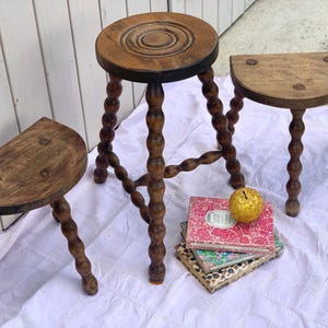 Vintage French Milking Stool: Rustic Bobbin Leg Plant Stand