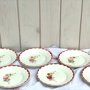 May include: Six white ceramic plates with a scalloped edge and a red trim. Each plate features a floral design with pink, yellow, and green flowers.