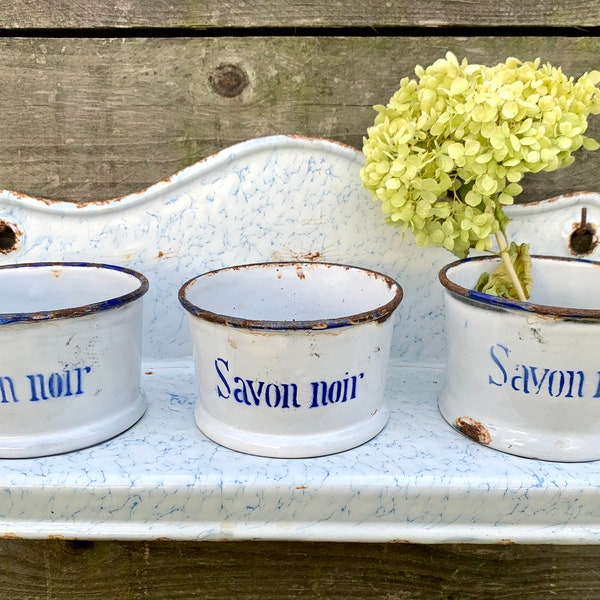 Vintage French Enamel Laundry & Cleaning Storage Pots, Early 1900s Hanging Soap Organizer, Plant Pots, Savon Noir sink stand laundry set