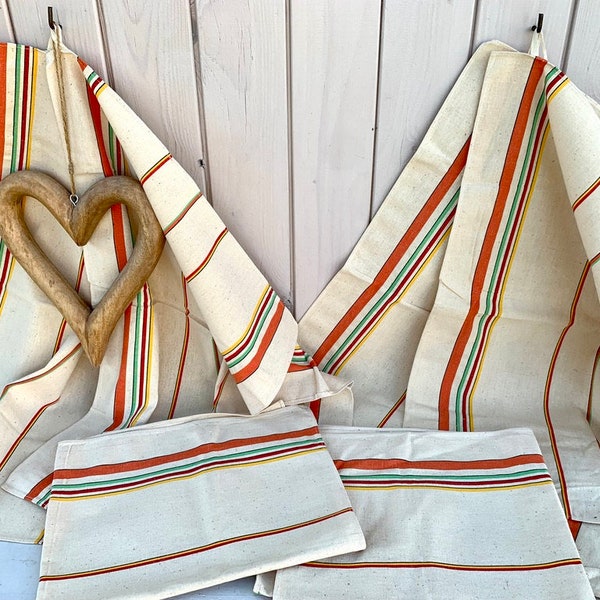 3 vintage French torchon dishcloths, striped NOS metis cotton/linen mix teatowels, country farmhouse, housewarming gift, wedding present