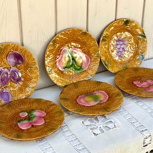 6 French Vintage majolica ceramic small dessert plate set, Barbotine retro tableware, fruit/leaves decor, wedding present, housewarming gift