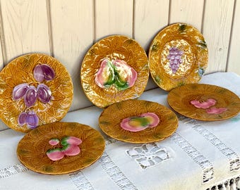 Vintage French Majolica Dessert Plate Set: Salins Les Bains Barbotine Tableware