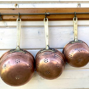 Set of 3 French vintage hanging copper and brass colanders, sieve / strainer, country farmhouse kitchen decor, housewarming gift