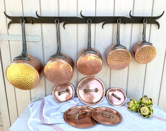 Vintage French Copper Pot Set & Lids, iron handles, tin lining