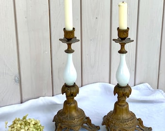 Vintage French Rococo Candlestick Holders: Gold Metal & White Ceramic