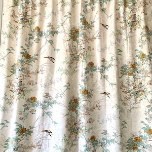 Vintage French Jacquard Curtain Panel: Pearly White Floral Bird Print, Lined