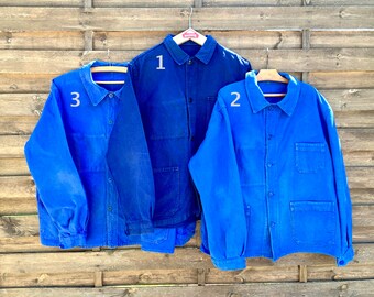 French chore coat, worn 80s Indigo Blue vintage workwear, choose your mechanic carpenter painter jacket France, Size M/L bleu de travail