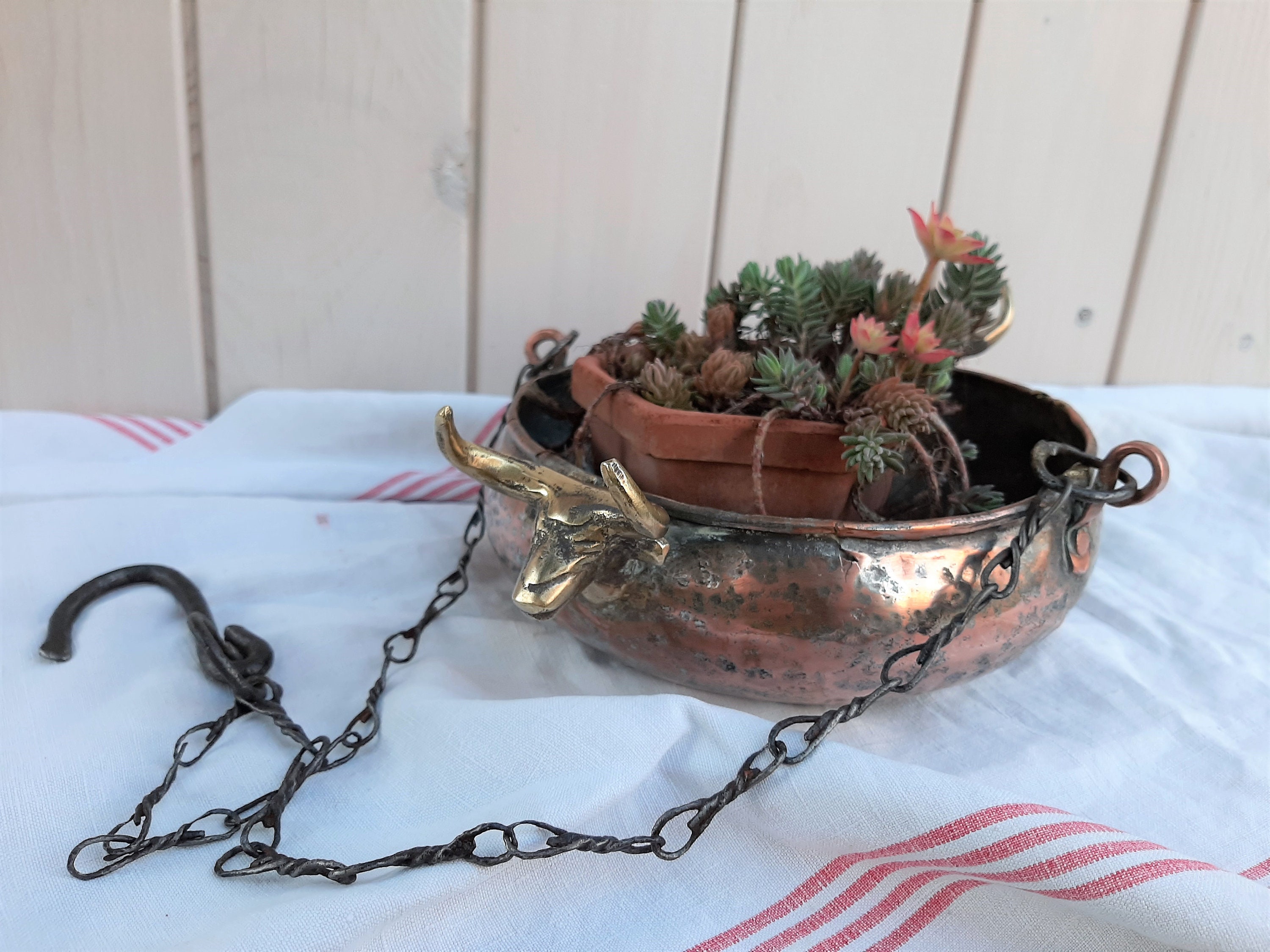 Ancienne Petite Jardinière Suspendue en Cuivre et Laiton, Décor de Tête Taureau, Années 1920 Fabriqu