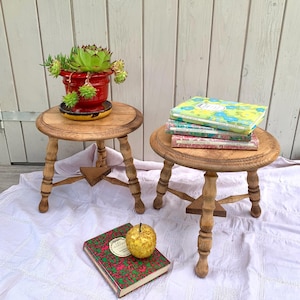 Vintage French Wooden Side Tables Set: Rustic Country Cottage Decor