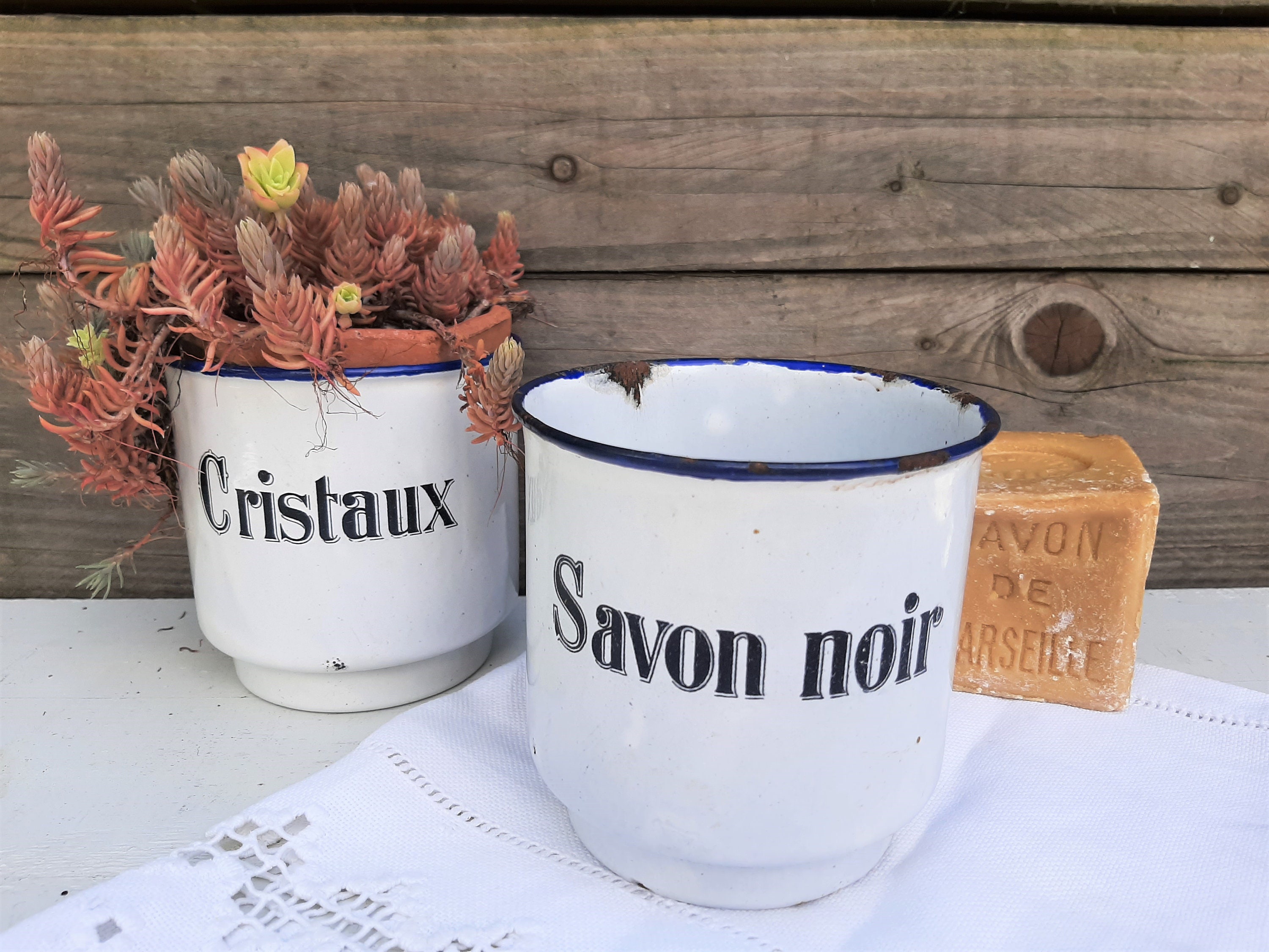 2 Pots de Rangement Blanchisserie et Nettoyage en Émail Français, Porte-Plantes, Jardinières d'herbe