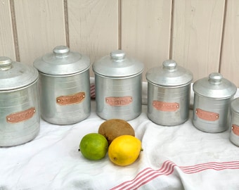 Vintage French Aluminium Kitchen Canisters: 1940s Nesting Spice Pots