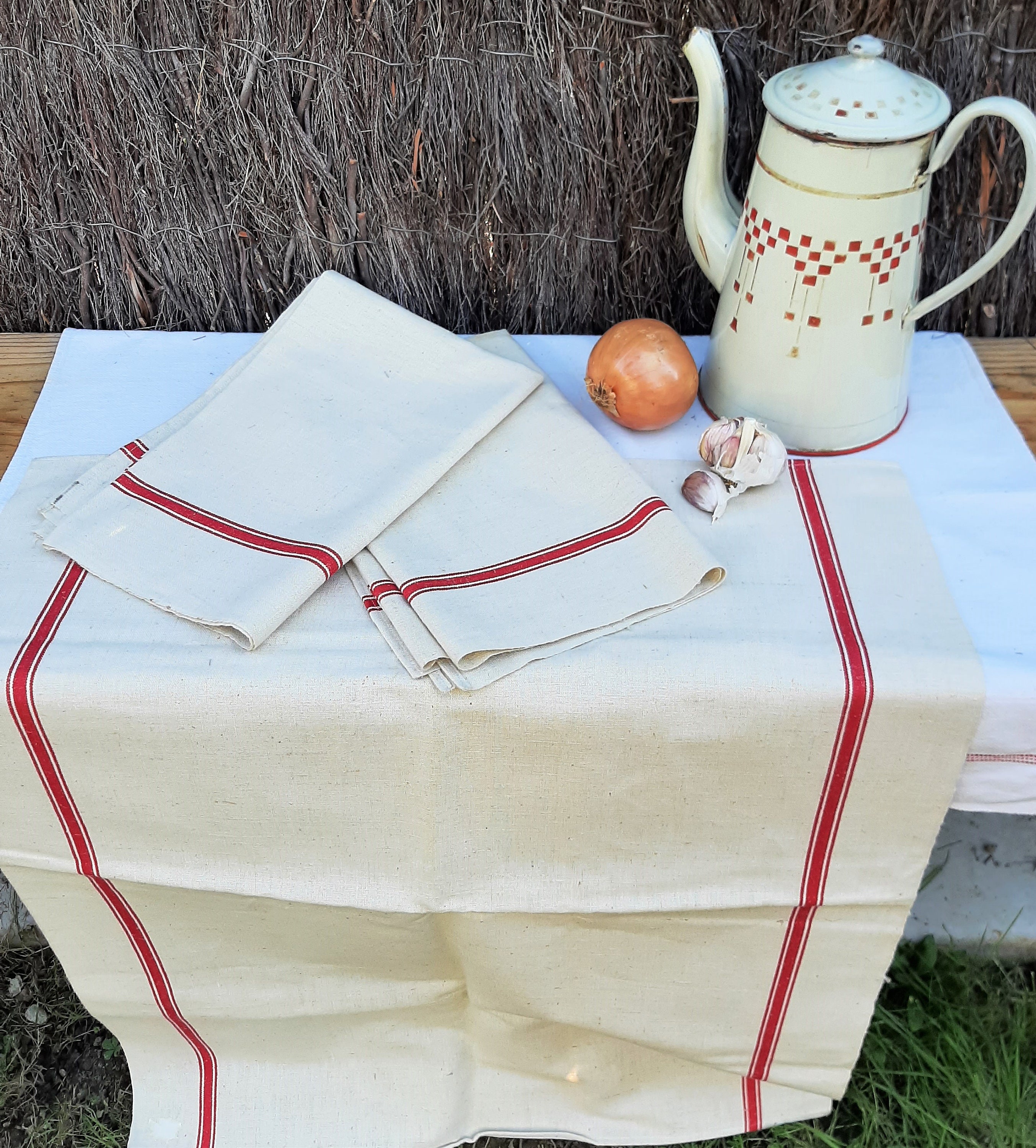 Ensemble de 3 Torchons Vintage Français, Mélange Coton et Lin Nos Métis, Cuisine Rustique Ferme Camp