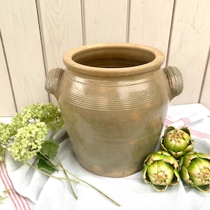 French glazed stoneware confit pot, large Crockpot, vintage 1940s rustic kitchen, country farmhouse, perfect kitchen utensil holder or vase