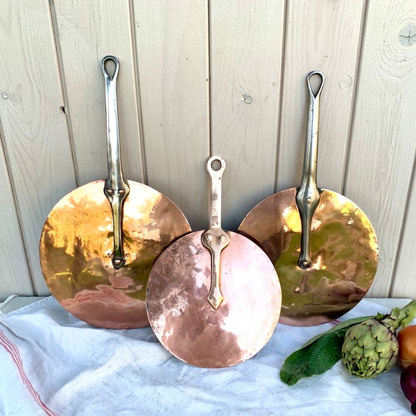 French antique hand forged copper lollipop splash lid, choose your size 21.5/24/26 cm vintage skillet lid, copper rivets, country farmhouse