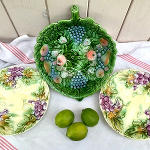 French Vintage majolica ceramic drainer, Barbotine retro ceramic fruit bowl with drain holes, 2 plates grape vine decor, housewarming gift
