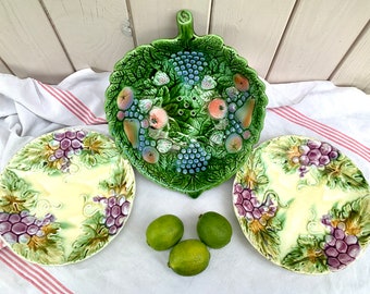 French Vintage Majolica Fruit Drainer Bowl: Barbotine Grape Vine Plates