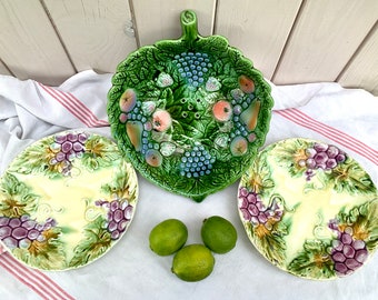 French Vintage majolica ceramic drainer, Barbotine retro ceramic fruit bowl with drain holes, 2 plates grape vine decor, housewarming gift