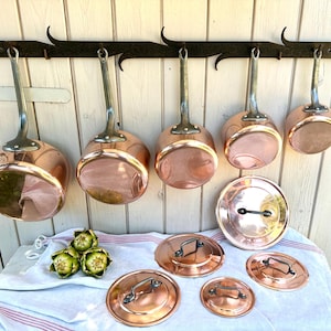 Vintage French 2mm Copper Pot Set, Nickel Lined, Bourgeat Cookware with lids